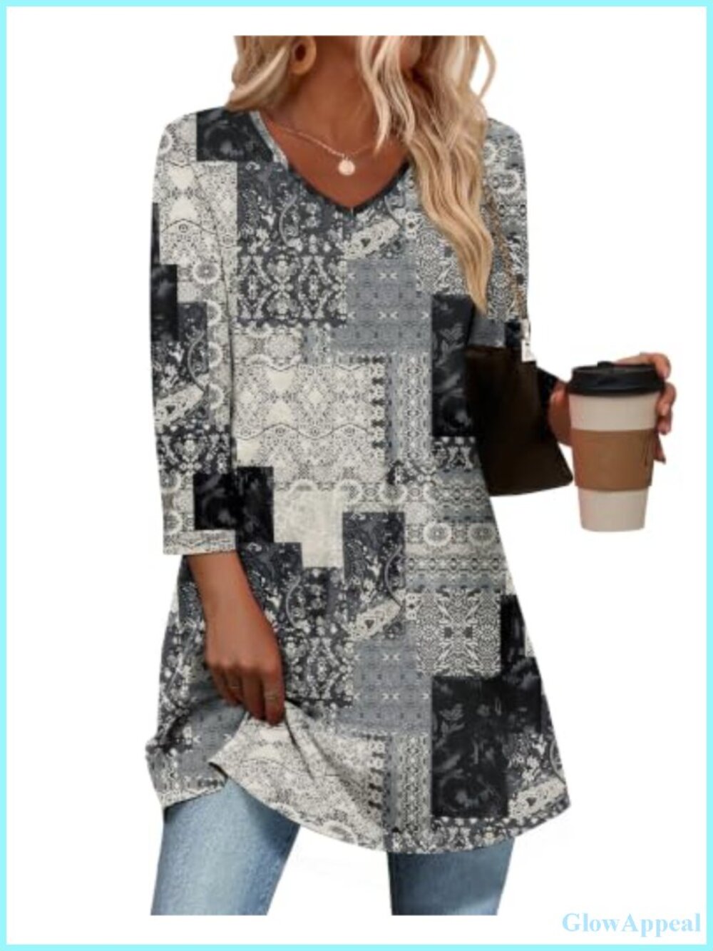 Womens Tunic Top 3/4 Sleeve V-Neck Loose Fit Floral Blouse